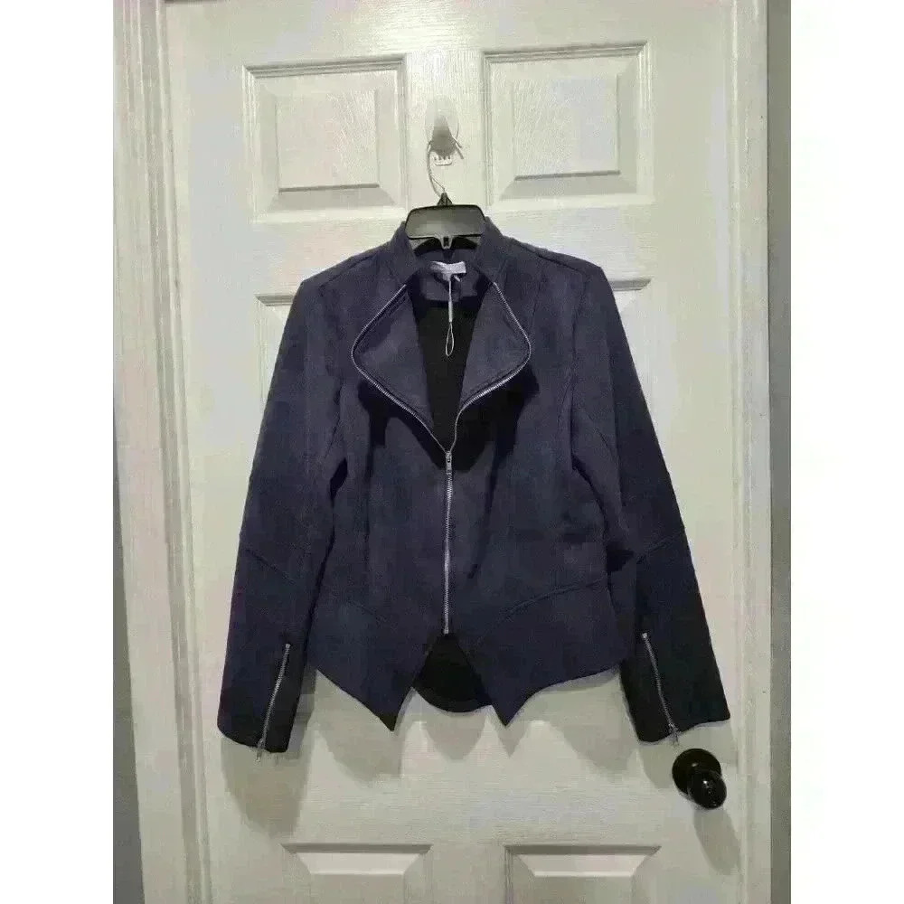 Solitaire Moto Jacket Womens MEDIUM Navy Blue Faux Suede Full Zip Lux NWOT